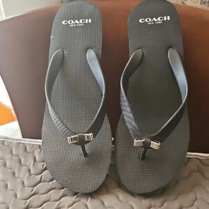 Coach Black Flip Flop Sandals with Gold Bow Accents